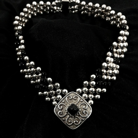 Vintage Taxco Signed Sterling Silver Onyx Beaded Choker Necklace - Picture 5 of 8